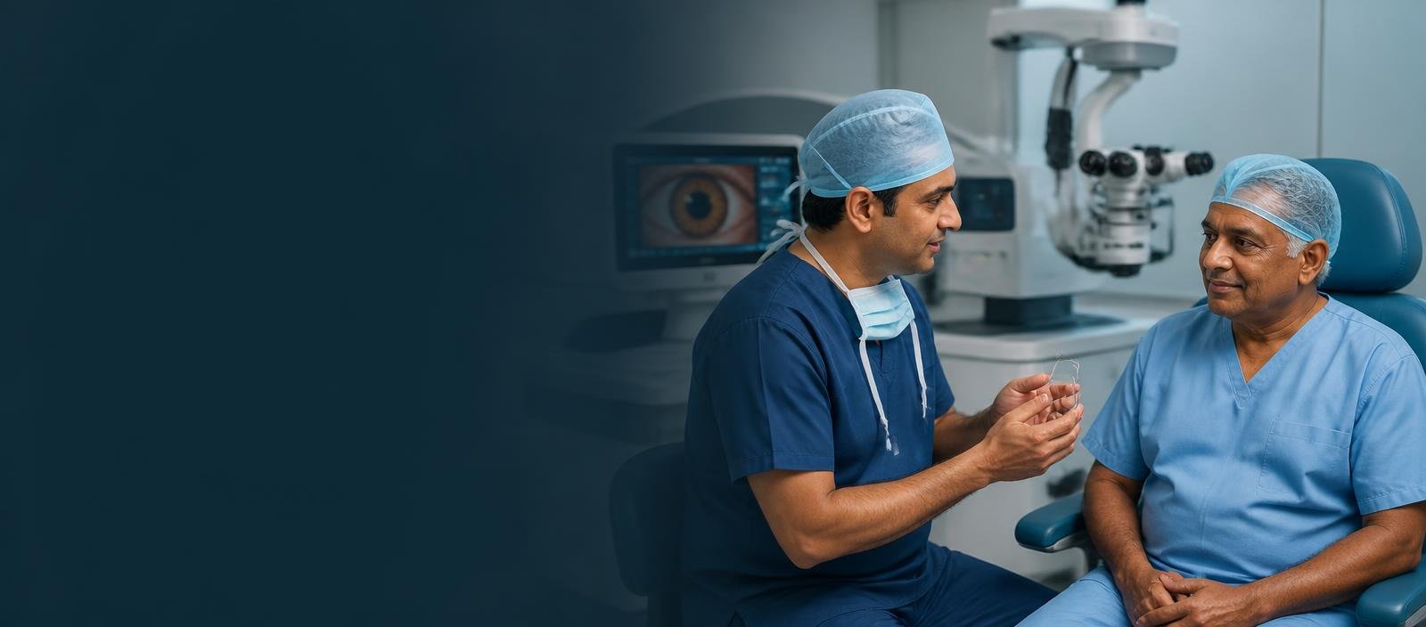 Ophthalmic surgeon discussing cataract treatment with a patient