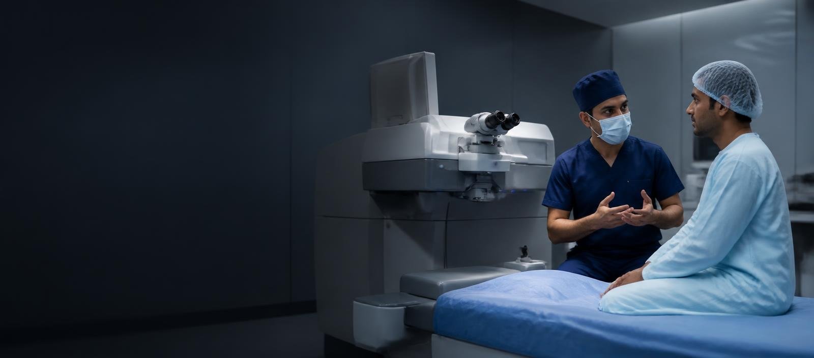 Refractive laser eye surgery suite with ophthalmic surgeon and patient
