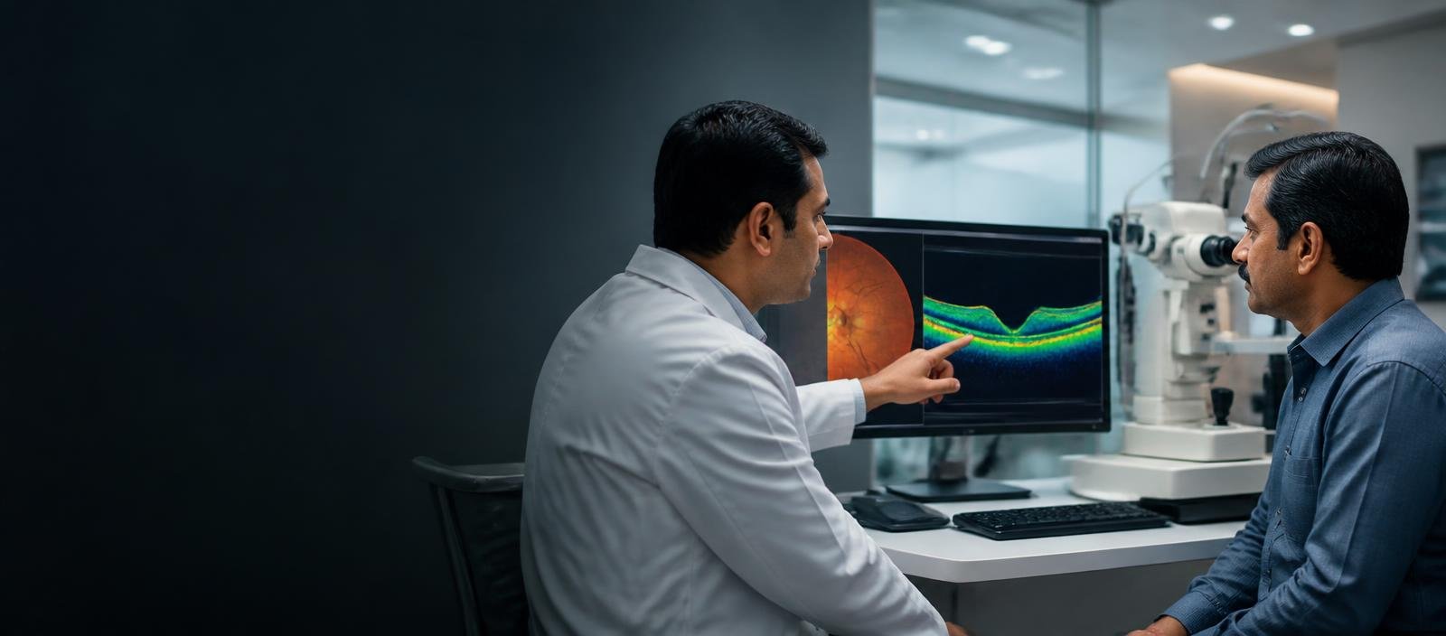 Retina specialist explaining an OCT retinal scan to a patient