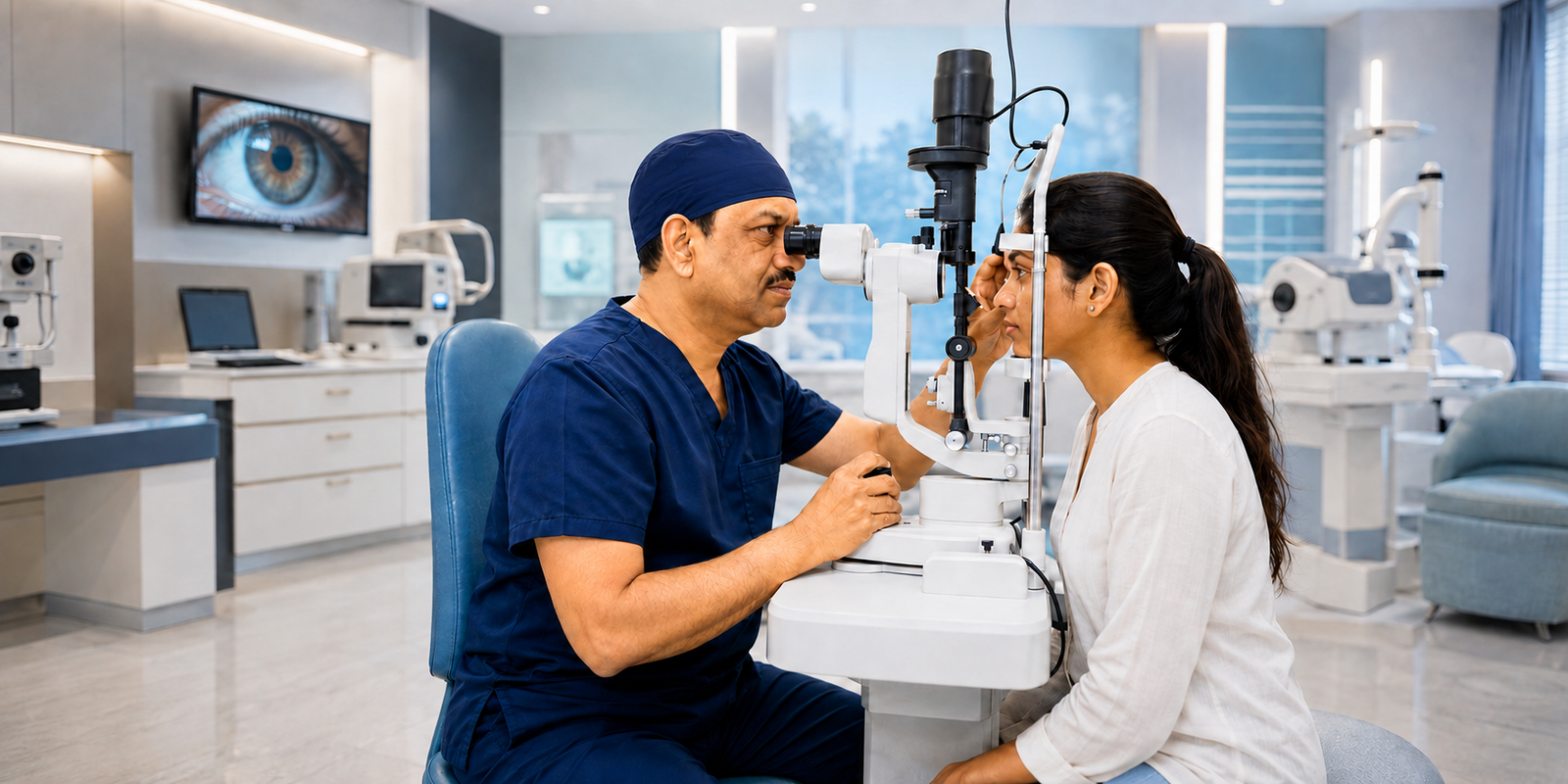 Patient receiving an advanced eye examination at a modern eye centre