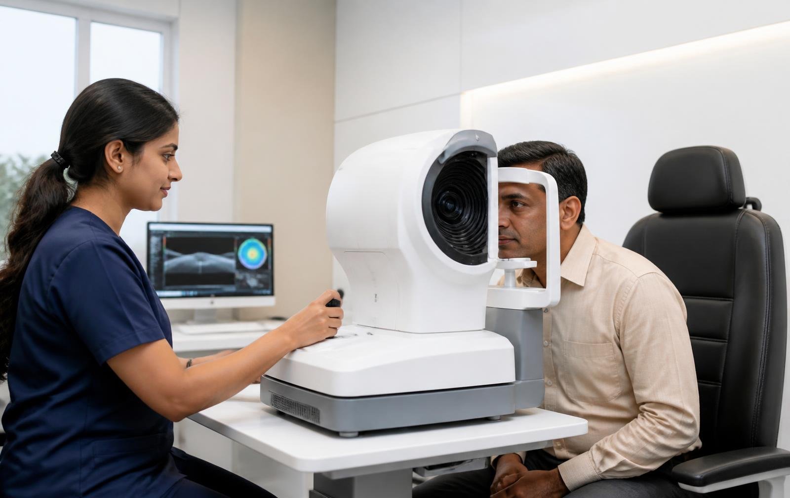Ophthalmic technician performing a corneal scan for an adult patient at Perfect Vision, Jaipur